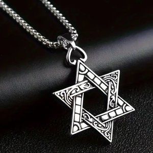 Necklace Star of David Pendant Hexagon 2 Sided Rope Chain Magic Silver Religion
